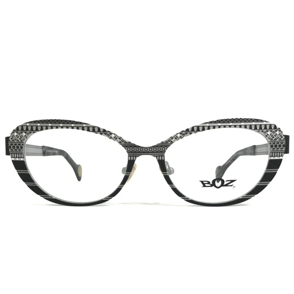 BOZ Eyeglasses Frames ZAZIE 0010 Black White Silver Cat Eye Patterned 51-16-135